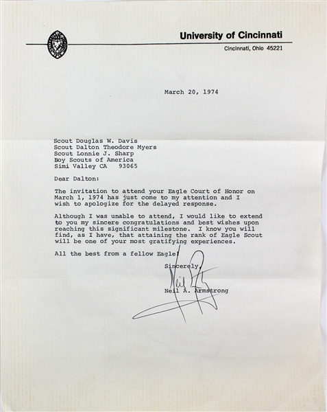 Apollo 11: Neil Armstrong Signed Typed 1974 Letter (Beckett)