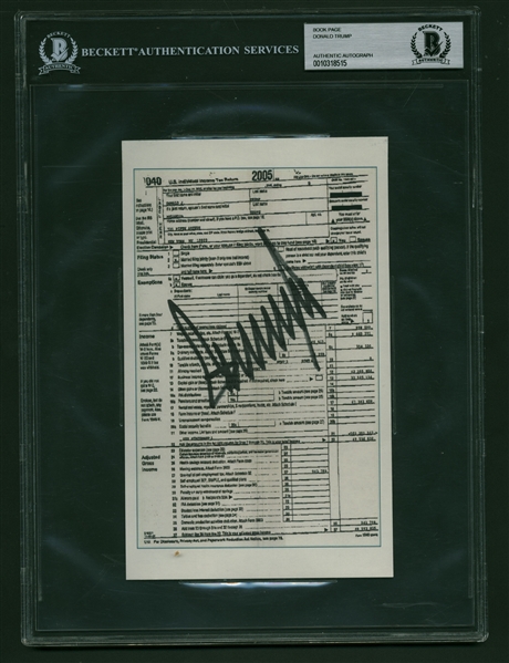 President Donald Trump Signed 5" x 8.5" Mock 2005 Tax Return Document (Beckett/BAS Encapsulated)