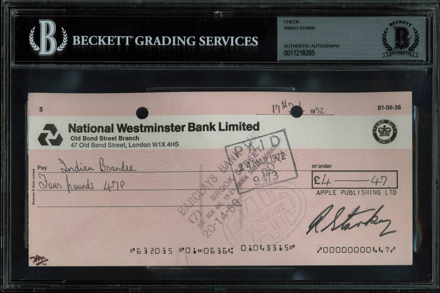 The Beatles: Ringo Starr Signed Apple Management 1973 Bank Check (Beckett/BAS Encapsulated)