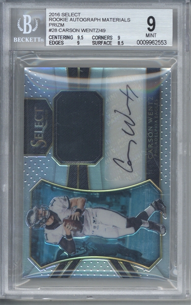 Carson Wentz Signed 2016 Select Rookie Autograph Materials #28 (BGS 9 w/ 10 Auto!)