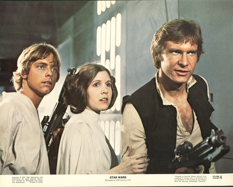 Harrison Ford, Mark Hamill & Carrie Fisher Ultra Rare Vintage Signed & Inscribed 11" x 14" Star Wars Lobby Card (Beckett/BAS Guaranteed)(Steve Grad Collection)