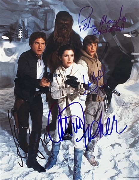 The Empire Strikes Back: Harrison Ford, Mark Hamill, Carrie Fisher & Peter Mayhew Cast Signed 8" x 10" Photo (Beckett/BAS LOA)