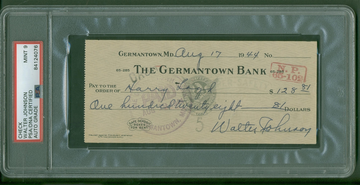 Walter Johnson Signed Handwritten 1944 Bank Check (PSA/DNA Mint 9)