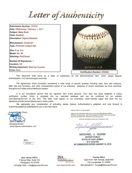 Lot Detail Babe Ruth Early Single Signed American League Baseball W