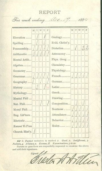 Chester A. Arthur Rare Double Signed 1884 Report Card (Beckett/BAS Guaranteed)