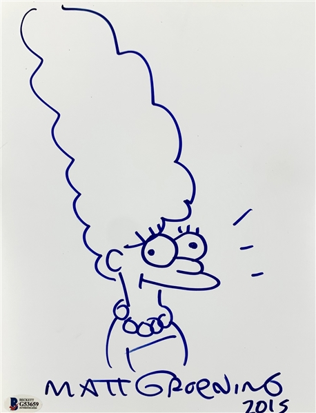 The Simpsons: Matt Groening Signed 8.5" x 11" Sheet with Marge Simpson Hand Drawn Sketch! (Beckett/BAS COA)