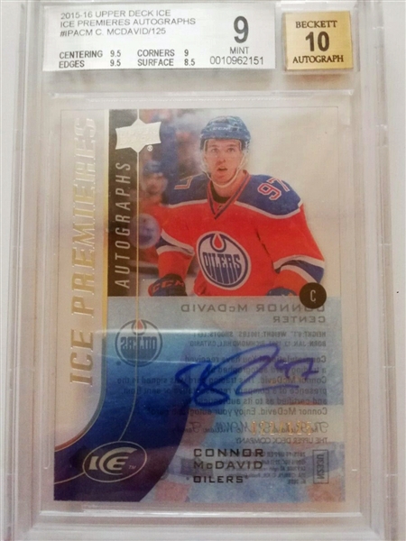 Connor McDavid Signed 2015 UD Ice Premiers /125 Rookie Card (BGS 9 10)