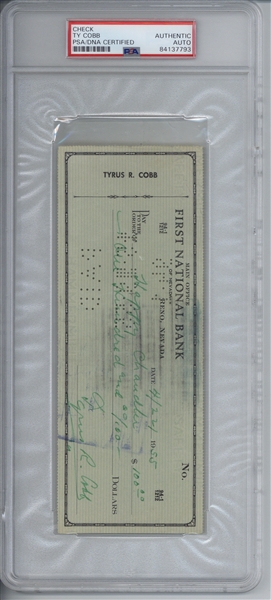 Ty Cobb Near-Mint Signed & Hand Written 1955 Personal Bank Check To Happy Chandler! (PSA/DNA)