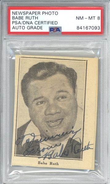 Babe Ruth Near-Mint Signed 2.5" x 3.5" Smiling Newspaper Photograph (PSA/DNA 8)