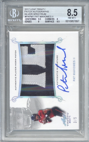 Superbowl MVP: Patrick Mahomes II Signed 2017 Leaf Trinity LE /5 Silver Spectrum Patch Rookie Card (BGS 8.5 10)
