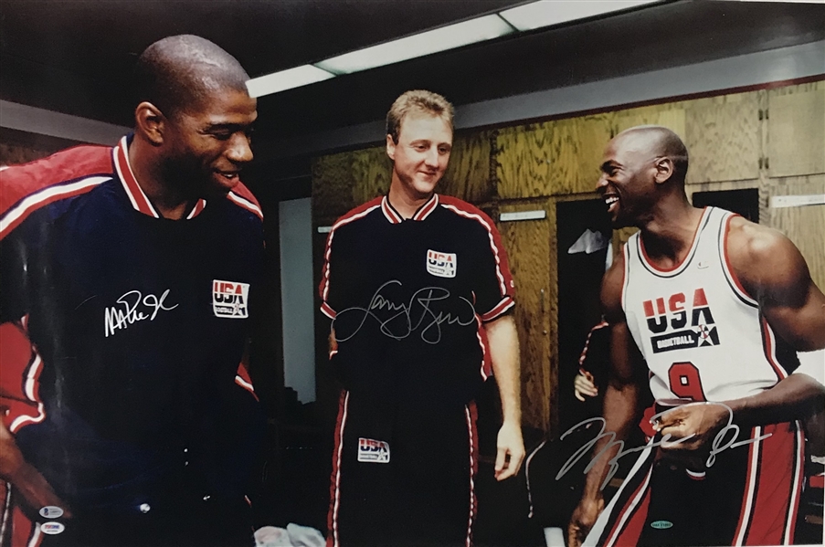 Michael Jordan, Magic Johnson & Larry Bird Signed 24" x 36" Rare Oversized Photograph (UDA, PSA/DNA & Beckett/BAS)