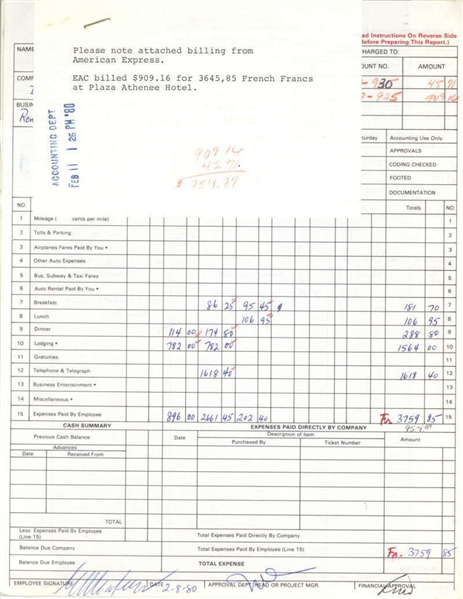 John DeLorean Signed 1980 Expense Report Document (JSA)