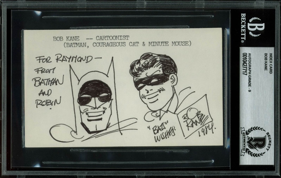 Rare Bob Kane Hand-Drawn & Signed Batman & Robin Sketch w/ "Bats Wishes" Inscription (BAS/Beckett Graded MINT 9)