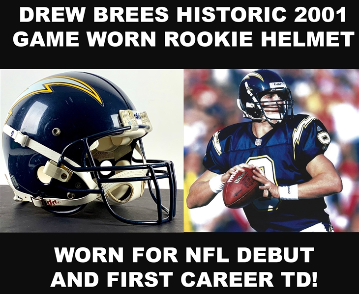Drew Brees Historic Game Worn Helmet from 2001 Rookie Season :: Photo Matched to NFL Debut & First Career TD! (Resolution Photomatching & RGU LOAs)