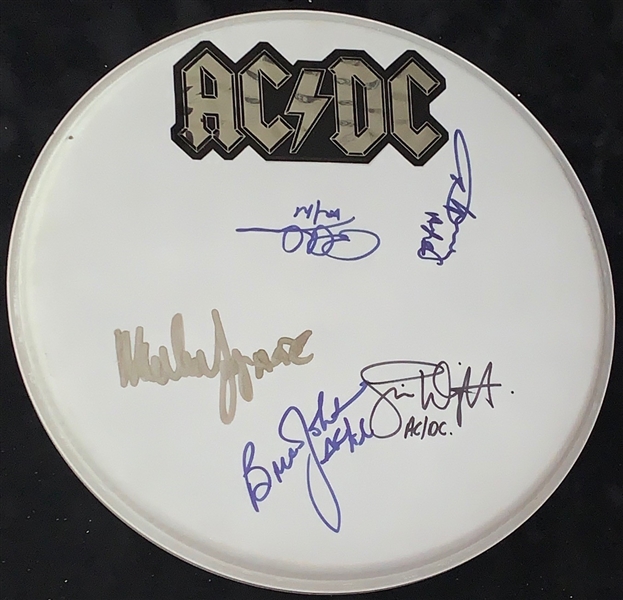 AC/DC Group Signed 10-Inch Drumhead with Custom Band Logo Decal (ACOA)