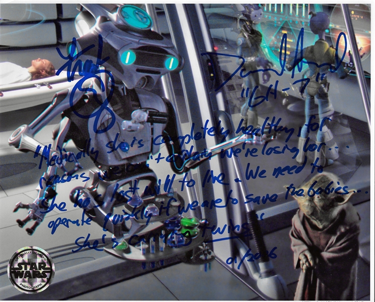 Frank Oz (Yoda) & David Acord (GH-7 Droid) Signed 8" x 10" Color Photo with Great Inscription from "Revenge of the Sith" (Steve Grad Collection)(Beckett/BAS Guaranteed)