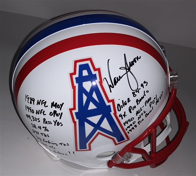 Warren Moon Impressive Signed & Career Stat Inscribed Full Size Oilers Replica Helmet (JSA)