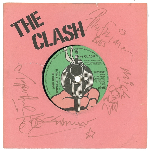 The Clash ULTRA-RARE Band Signed "In Hammersmith Palais/The Prisoner" 45 RPM Album Cover w/ All 4 Sigs! (Beckett/BAS Guaranteed)