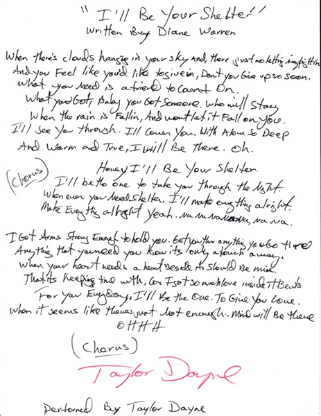 Taylor Dayne RARE Handwritten & Signed Lyrics to "Ill Be Your Shelter" (Beckett/BAS Guaranteed)