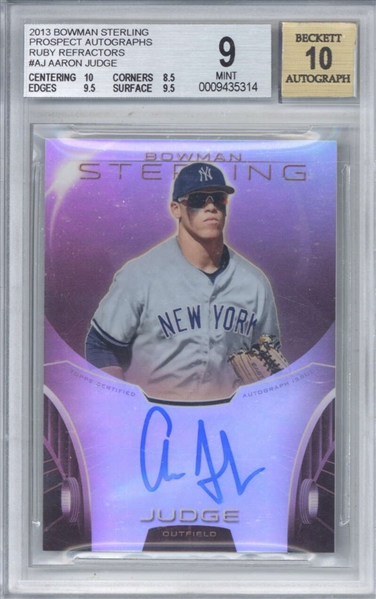 Aaron Judge Signed 2013 Bowman Sterling Ruby Refractors /99 Rookie Card (Beckett/BGS Graded 9 w/ 10 Auto)