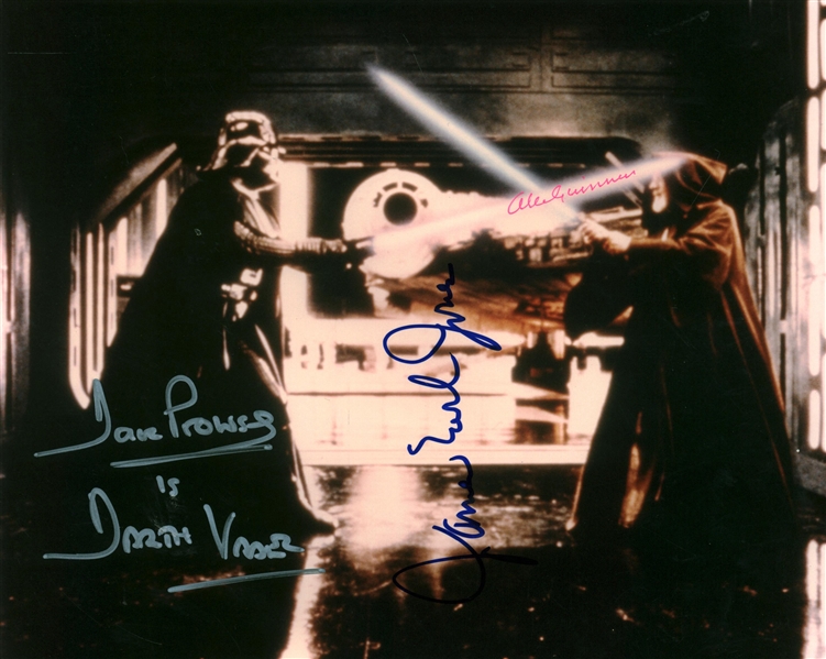 Vader vs Kenobi: Dave Prowse, James Earl Jones & Alec Guinness Signed 8" x 10" Photograph (Beckett/BAS Guaranteed)
