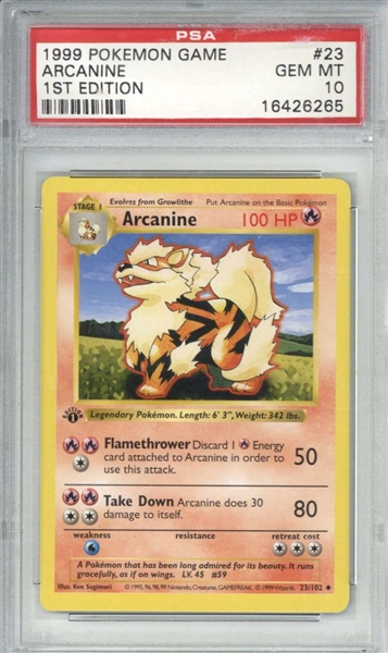 Arcanine 1999 1st Edition Base Set #23 Pokemon Card (PSA Graded GEM MINT 10)
