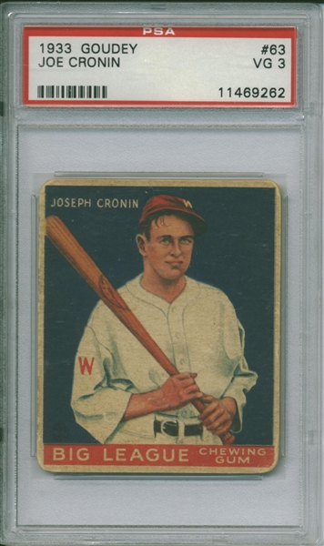 Joe Cronin 1933 Goudy #63 Trading Card (PSA VG 3 Encapsulated)