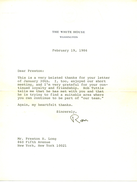 Ronald Reagan signed Letter, Signed "Ron" (Beckett/BAS LOA)