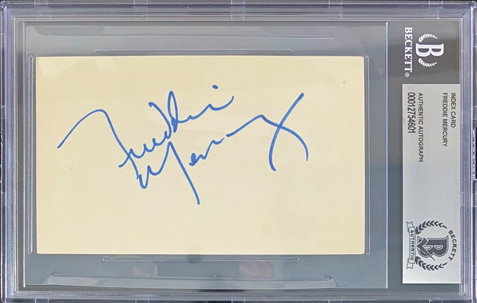 Queen: Freddie Mercury In-Person Signed 3" x 5" Index Card with Superb Autograph (Beckett/BAS Encapsulated)