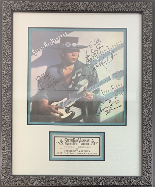 Stevie Ray Vaughan & Double Trouble Group Signed "Texas Flood" Album Cover in Custom Framed Display (Beckett/BAS Guaranteed)