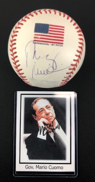 Lot of (2) New York Favorite Politicians: Former NY Governor Mario Cuomo and Former NYC Mayor Rudy Guiliani Signed Photo Card and Baseball