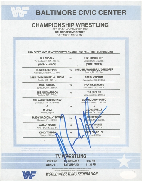 Macho Man Randy Savage Signed 1985 WWF Wrestling Lineup Card (JSA)