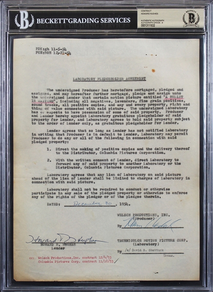 Howard Hughes Rare Signed 1954 Contract for "A Bullet in Waiting" (Beckett/BAS Encapsulated)