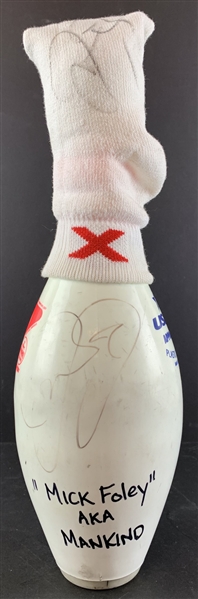 WWE: Mick Foley Used & Signed Bowling Pin & "Socko" Sock from Bowling Alley Appearance (Beckett/BAS Guaranteed) 