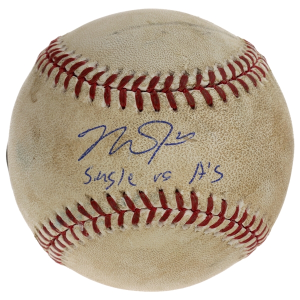 Mike Trout Game Used Actual Hit for a Single Signed & Inscribed ROML Manfred Baseball (MLB JB756958) (Beckett/BAS Guaranteed) 