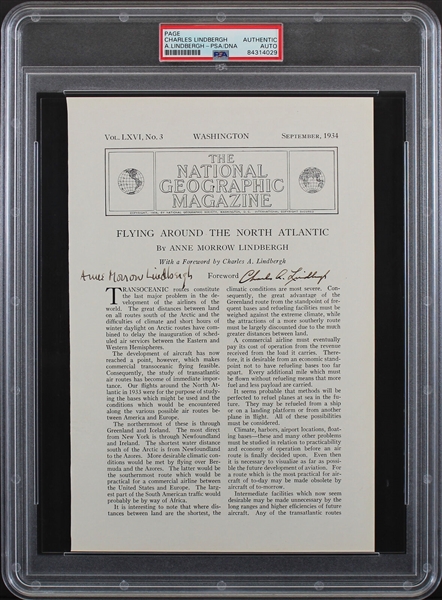 Charles Lindbergh & Anne Morrow Lindbergh Signed National Geographic Article RE: North Atlantic Flight (PSA/DNA Encapsulated)