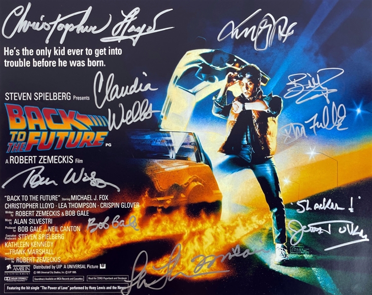 "Back to the Future" Movie Poster Print w/ 10 signatures including Lloyd, Fox & Thompson! (JSA)