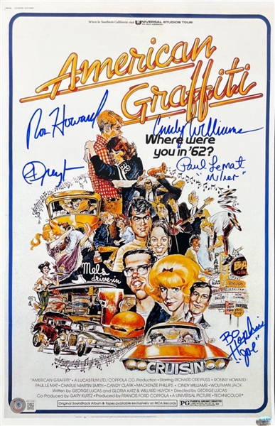 American Graffiti: Cast Signed 11" x 17" Mini Poster w/Howard, Dreyfus, etc. (5 sigs)(Beckett/BAS & World Wide Authentics)