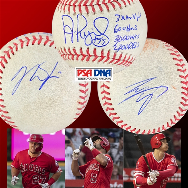 Mike Trout, Shohei Ohtani, & Albert Pujols Game Used & Signed OML Baseball :: Ball Pitched to Ohtani :: Trout & Pujols HR Game :: Used 5-24-2018 TBJ vs LAA (MLB Holo & PSA/DNA)