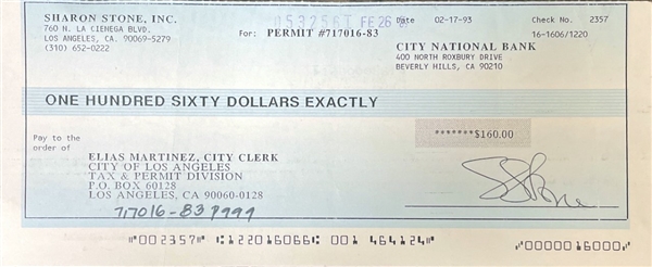 Sharon Stone Signed Bank Check (Beckett/BAS Guaranteed)