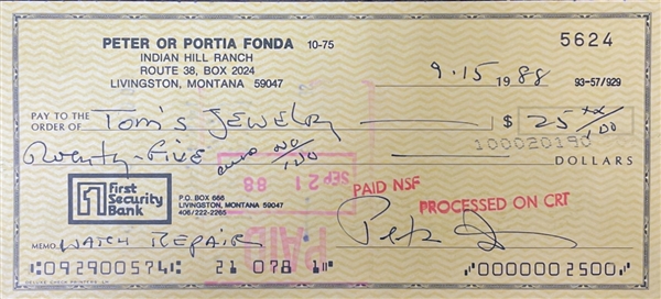 Peter Fonda Signed Bank Check (Beckett/BAS Guaranteed)