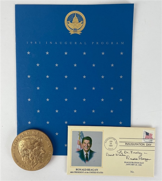 Reagan Bundle: Includes Signed First Day Cover, 1981 Inaugural Program and Medal  (Beckett/BAS Guaranteed)