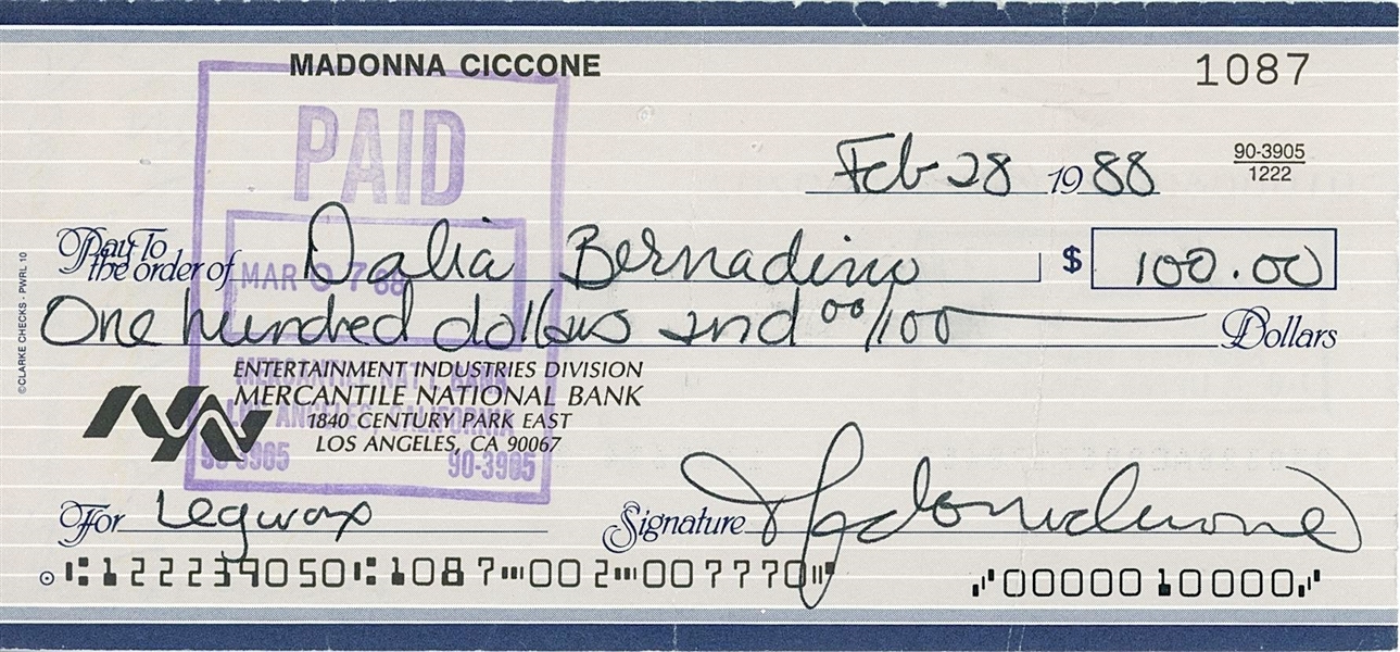 Madonna Signed Check (Beckett/BAS Guaranteed)