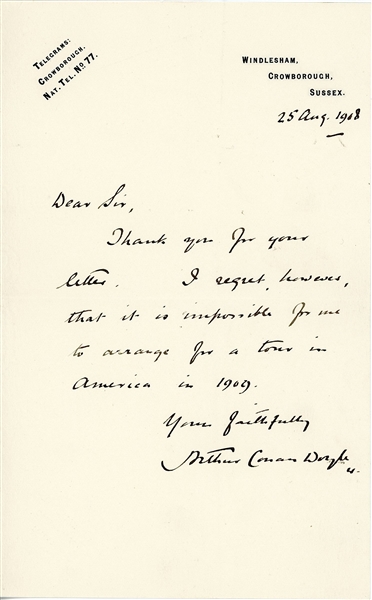 Arthur Conan Doyle Signed 1908 Handwritten Letter (Beckett/BAS LOA)
