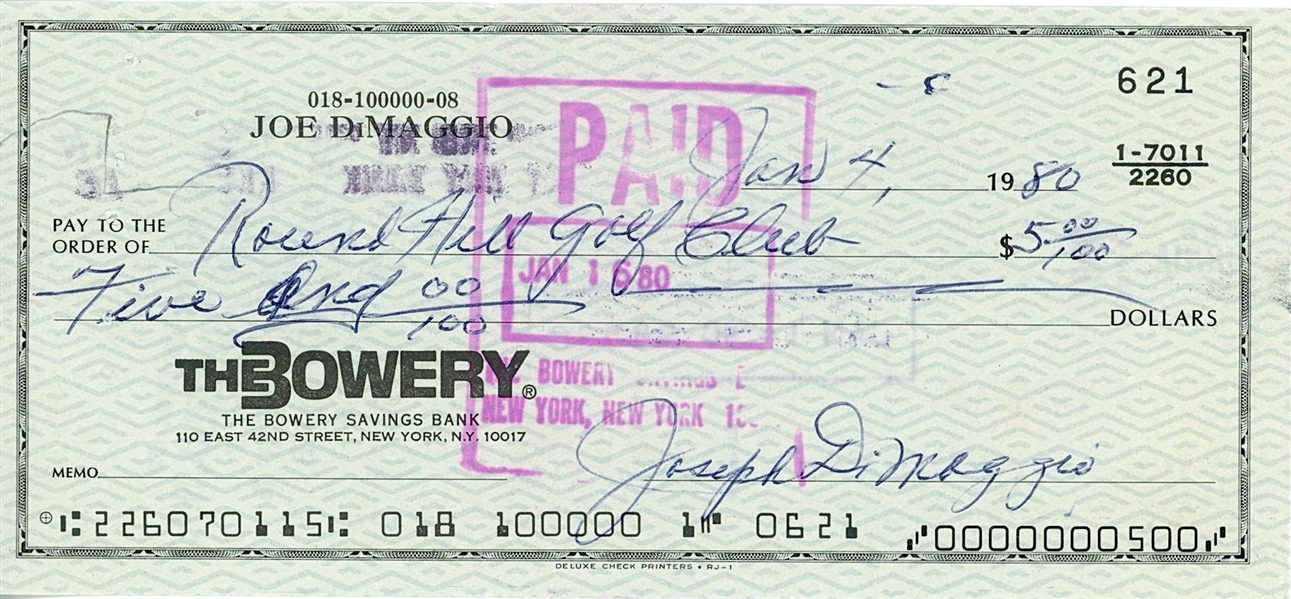 Joe DiMaggio Signed Check (Beckett/BAS Guaranteed)