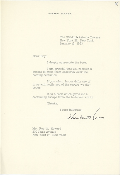 Herbert Hoover Typed Letter Signed (Beckett/BAS Guaranteed)
