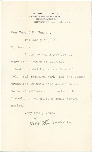 Benjamin Harrison 1896 Typed Letter Signed (Beckett/BAS LOA)
