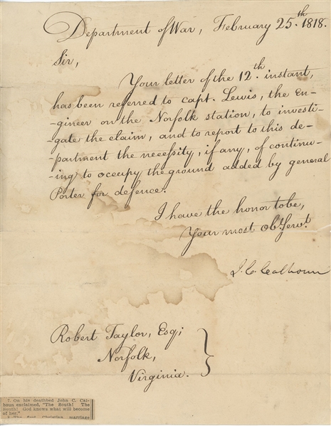 John C. Calhoun 1818 Signed Handwritten Letter (Beckett/BAS LOA)