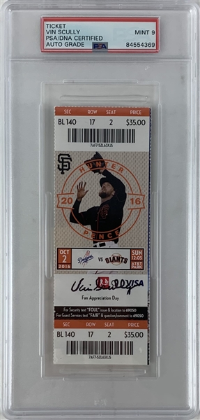 Vin Scully Signed 2016 SFG Ticket w/ Auto Mint 9! :: Scullys Final Game! (PSA/DNA Encapsulated)