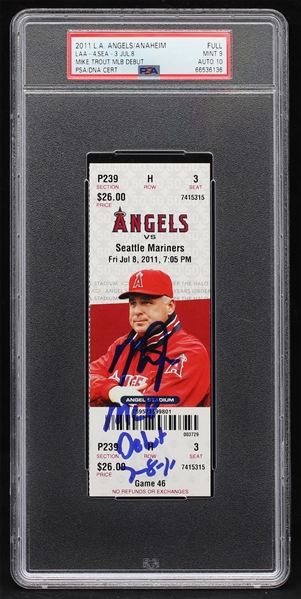 Mike Trout Signed & Inscribed MLB Debut Game Full Ticket Angel Stadium PSA MINT 9 AUTO 10 (MLB # VS541113)